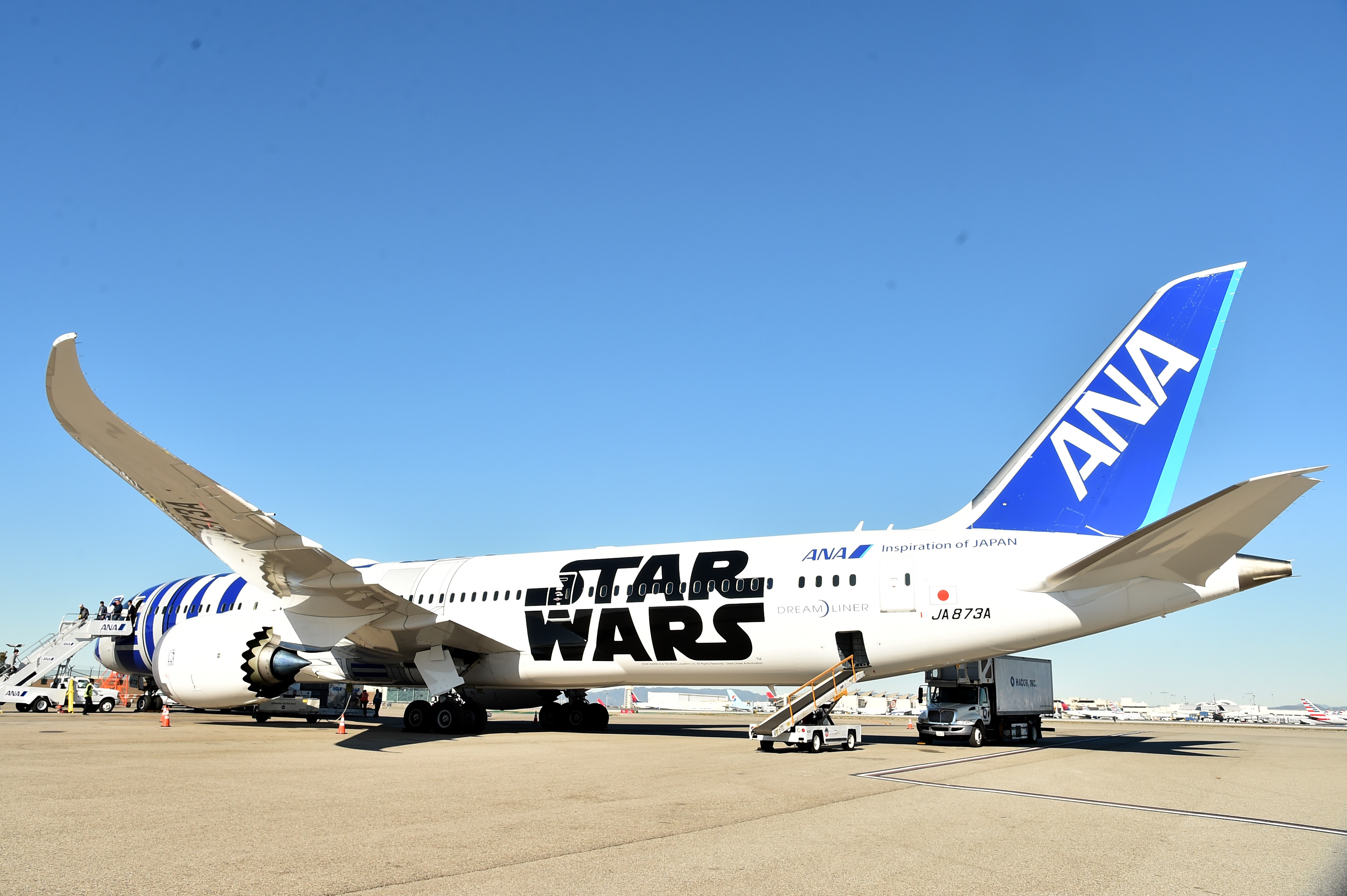 The Cast Of "Star Wars: The Force Awakens" On ANA Charter Flight From Los Angeles To The London Premiere