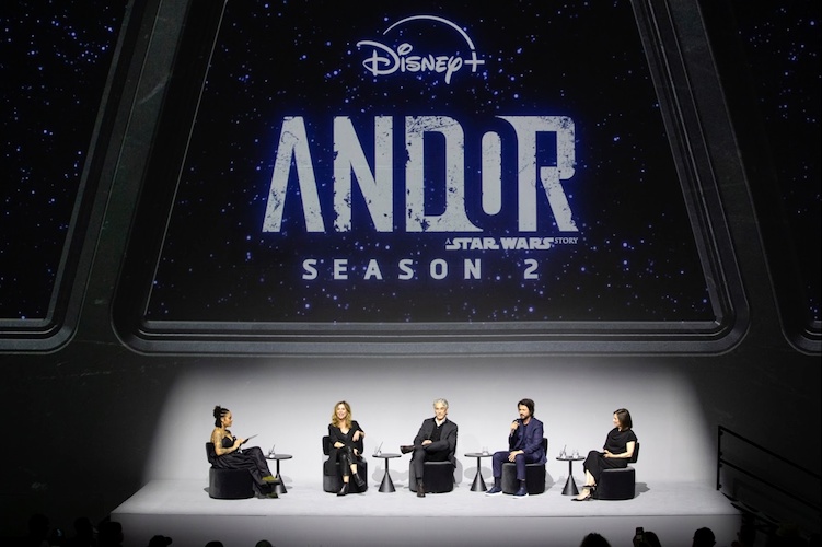 (L to R) Yinka Bokinni, Sanne Wohlenberg, Tony Gilroy, Diego Luna and Kathleen Kennedy attend the UK Sneak Peek Event of Lucasfilm's 'Andor' Season 2 at Lightroom, London on April 10th, 2025. (Photo by StillMoving.Net for The Walt Disney Company Limited)