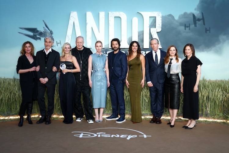 (L-R) Sanne Wohlenberg, Tony Gilroy, Denise Gough, Stellan Skarsgård, Genevieve O'Reilly, Diego Luna, Adria Arjona, Ben Mendelsohn, Faye Marsay and Kathleen Kennedy attend the UK Sneak Peek Event of Lucasfilm's 'Andor' Season 2 at Lightroom on April 10, 2025 in London, England. (Photo by Tim P. Whitby/Getty Images for The Walt Disney Company Limited)
