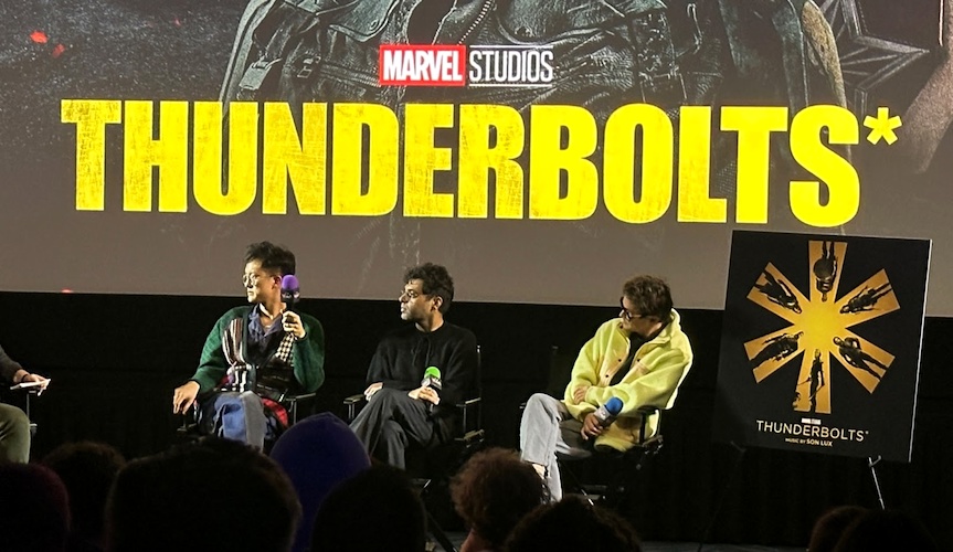 (L-R) Son Lux's Ian Chang, Rafiq Bhatia and Ryan Lott discuss 'Thunderbolts*' at Vidiots in Los Angeles, CA