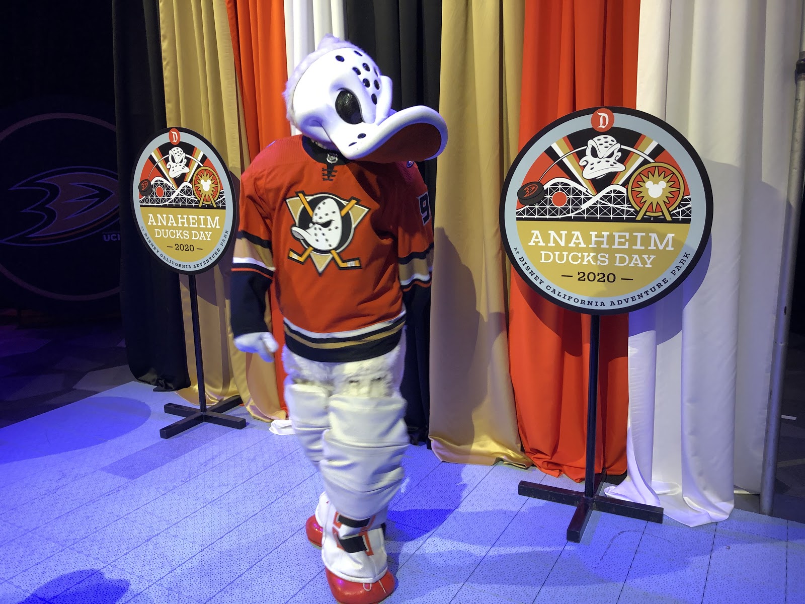 April 16, 2014 Anaheim, CA.Anaheim Ducks Mascot Wild Wing celebrates the  win after the NHL Playoff game between the Dallas Stars and the Anaheim  Ducks at the Honda Center in Anaheim, California..The