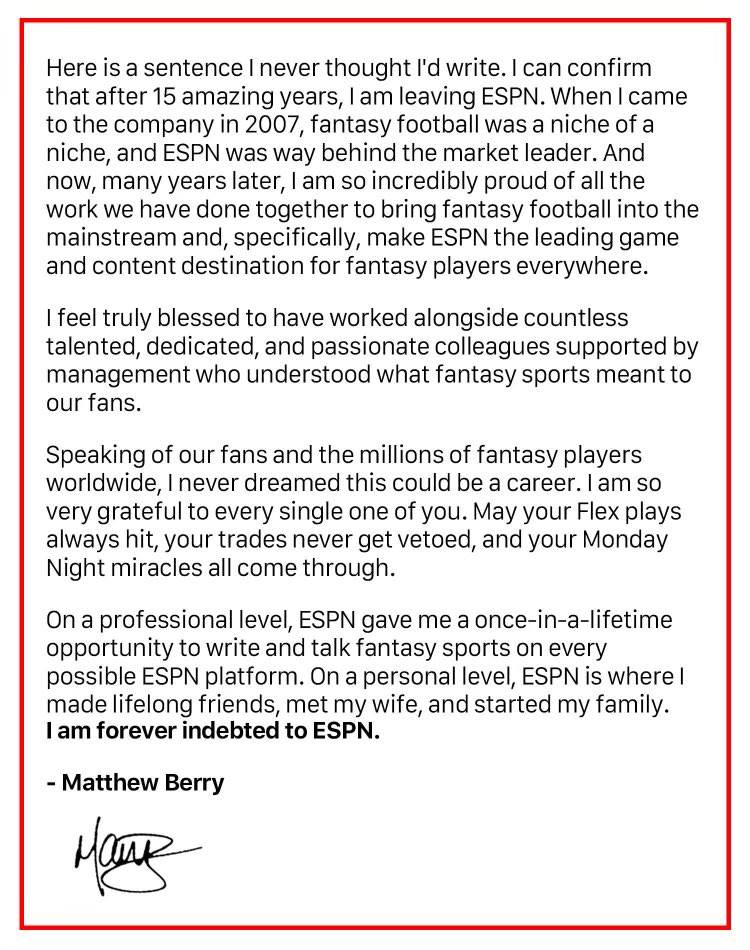 Why is Matthew Berry leaving ESPN? Fantasy football analyst announces  departure from network after 15 years