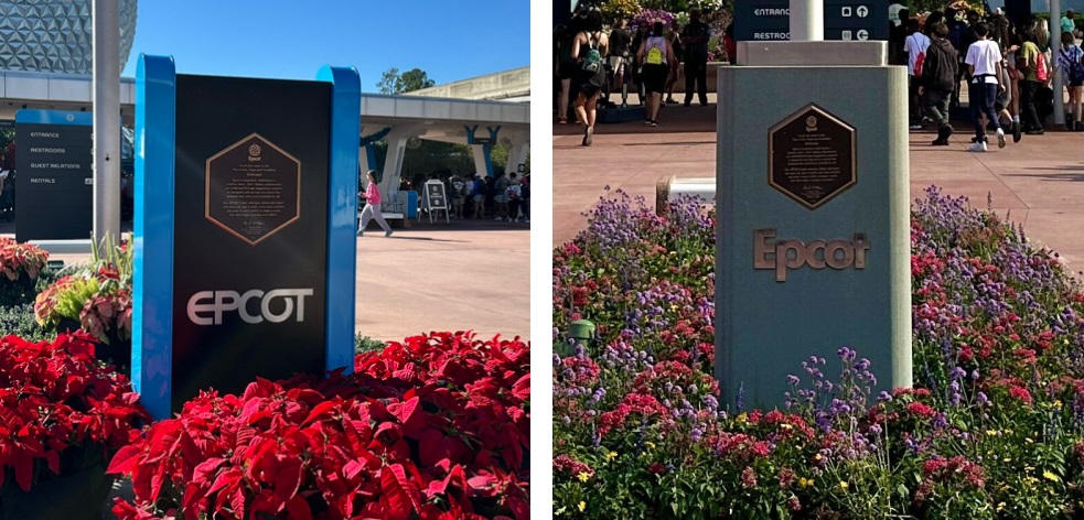 The updated version of the EPCOT dedication plaque (left) and how it used to appear (right)